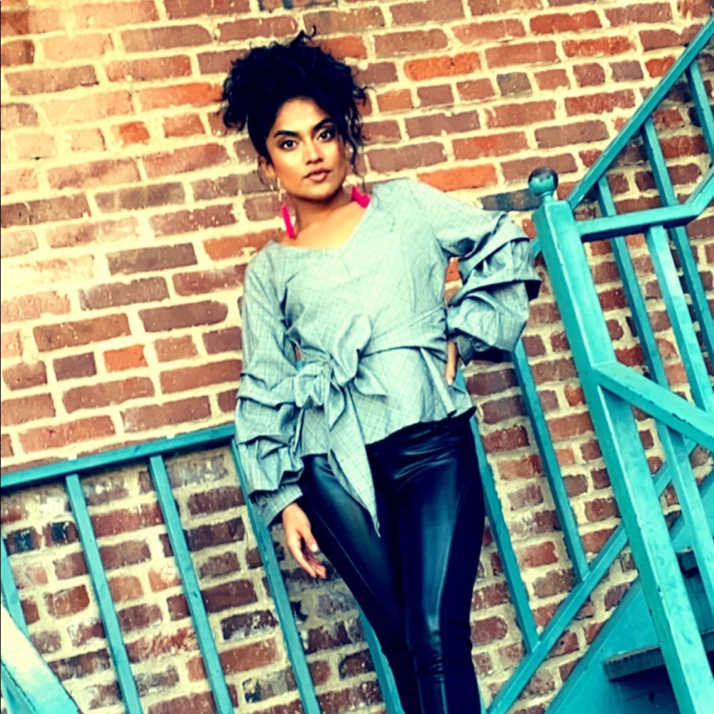 Layered Sleeve Bow Front Surplice Wrap Top